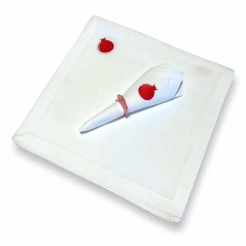 6 piece white linen pomegranate napkins set