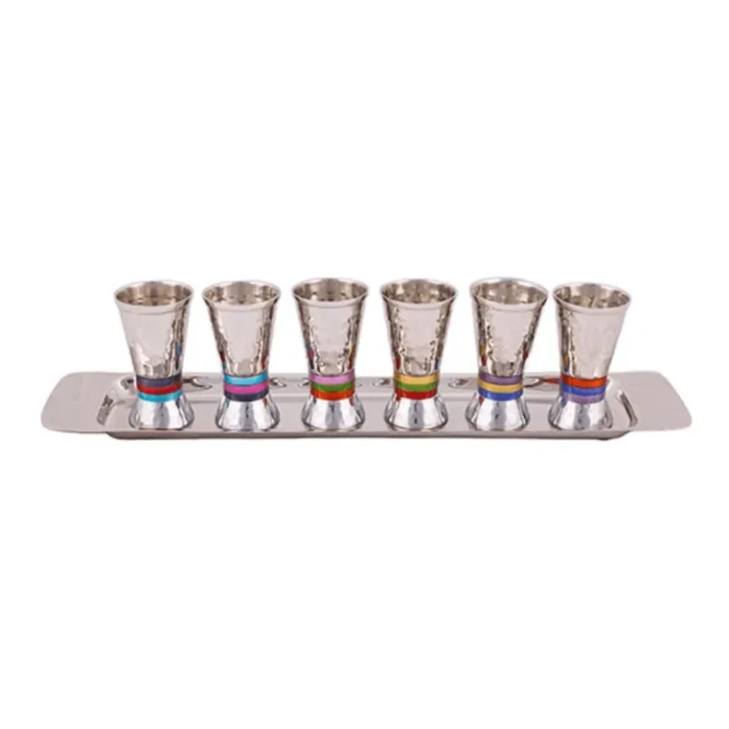 6 small hammered kiddush cups tray multicolor by yair emanuel