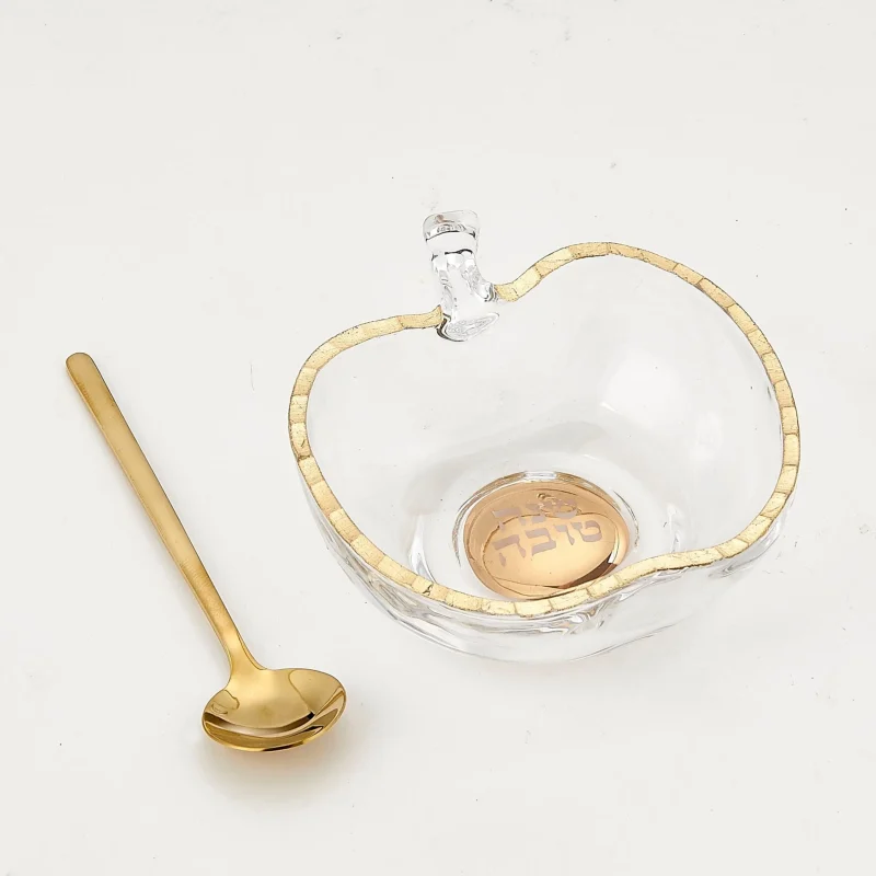 apple glass honey dish with gold accent spoon