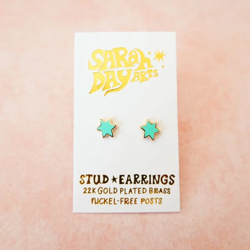 aqua mini magen david stud earrings