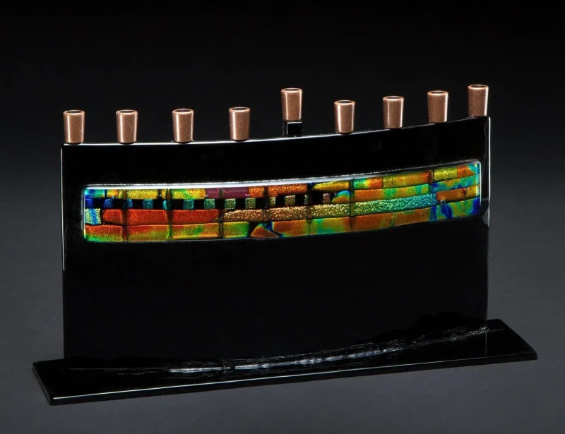 black arc menorah with dichro trim by daryl cohen