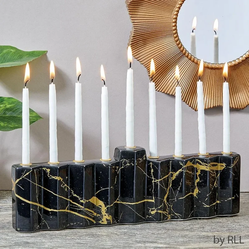 black hexagon ceramic menorah hand painted