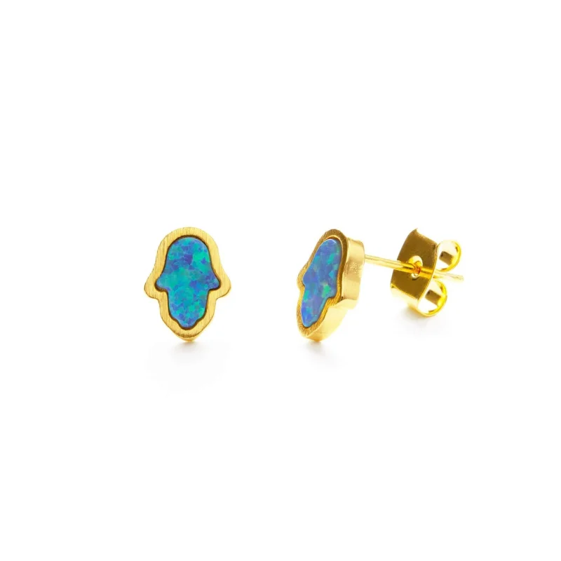 blue and gold opal hamsa stud earrings