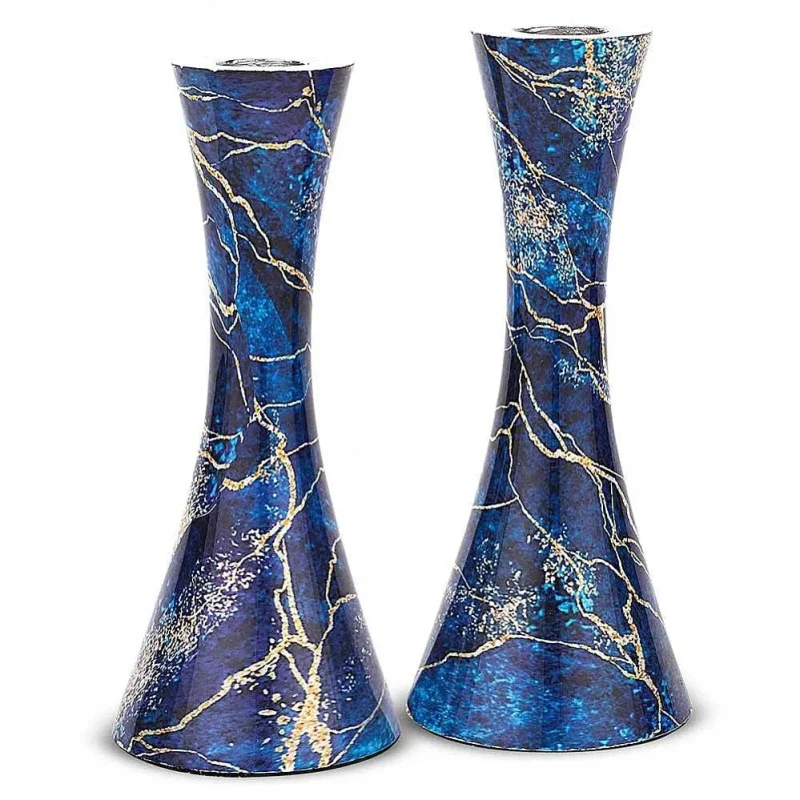 blue burst marbleized metal candlesticks