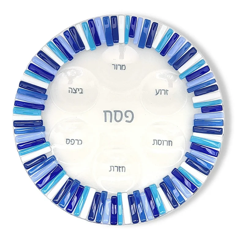 blue fused glass seder plate elegant blue sticks design