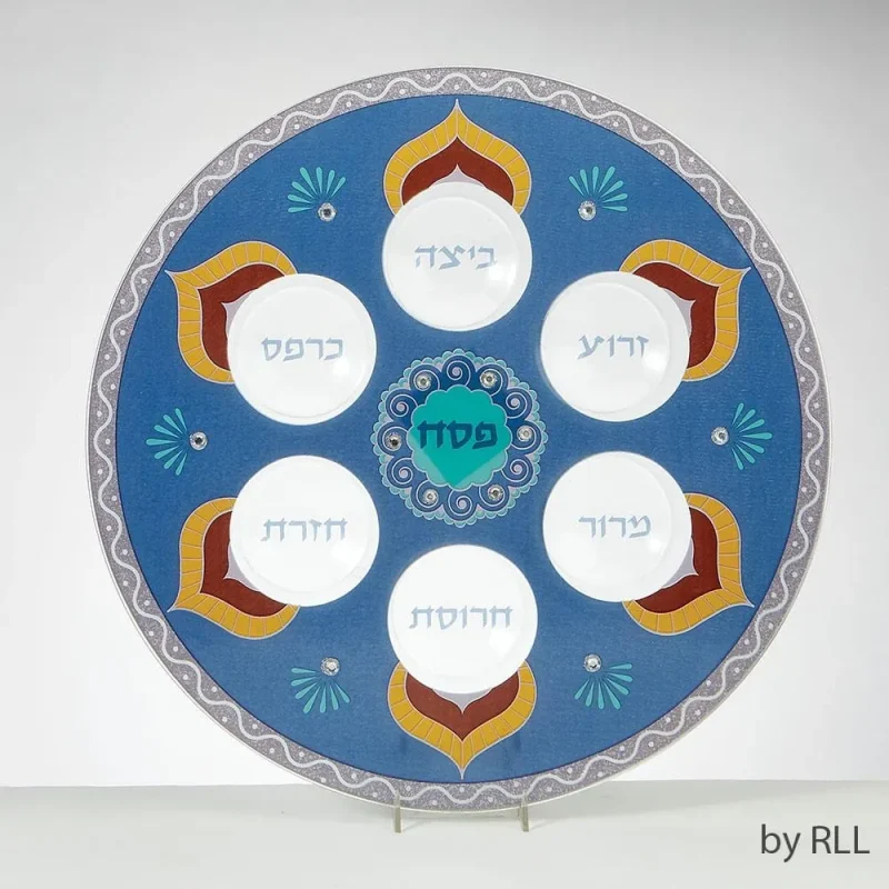 blue gemstone seder plate hand decorated glass