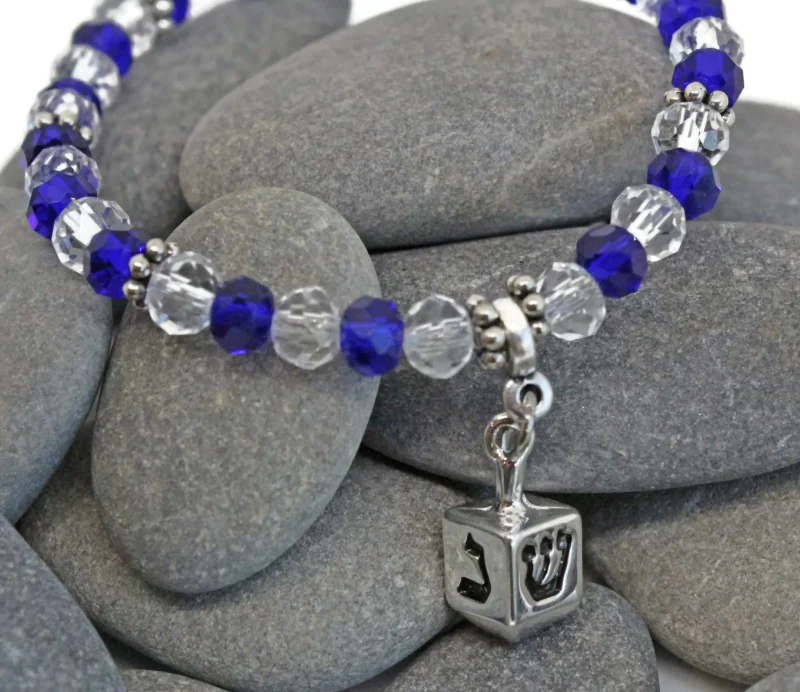 blue glass dreidel charm bracelet stretch design scaled