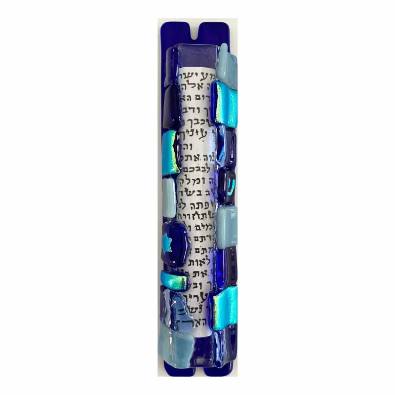 blue glass mosaic mezuzah by sandi katz