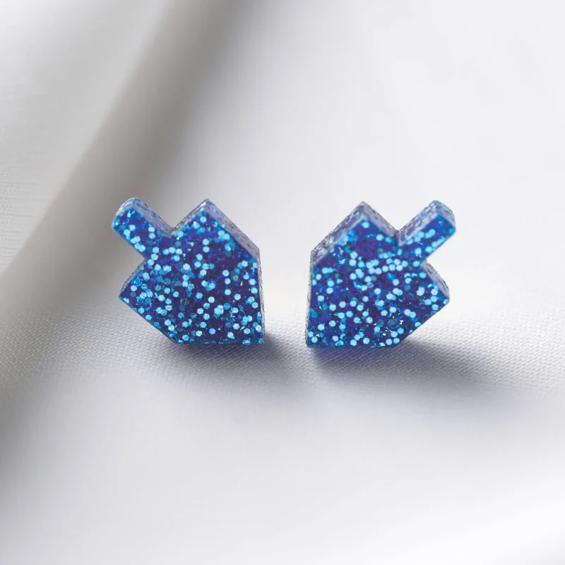 blue glitter dreidel stud earrings