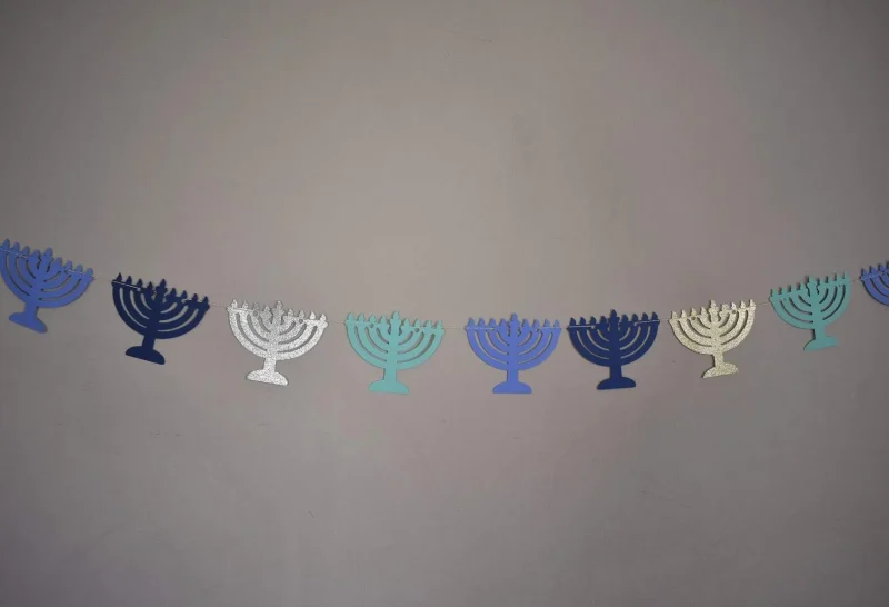 blue glitter menorah garland festive decor