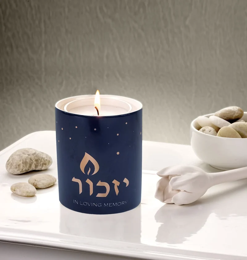 blue gold ceramic yahrzeit candleholder