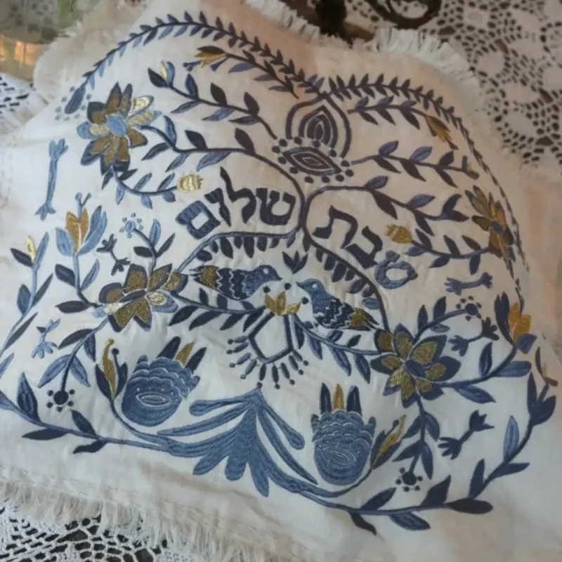 blue gold handmade linen challah cover