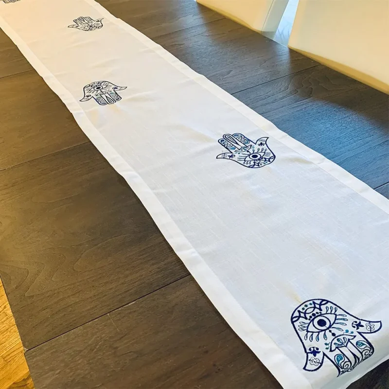 blue hamsa table runner modern white design