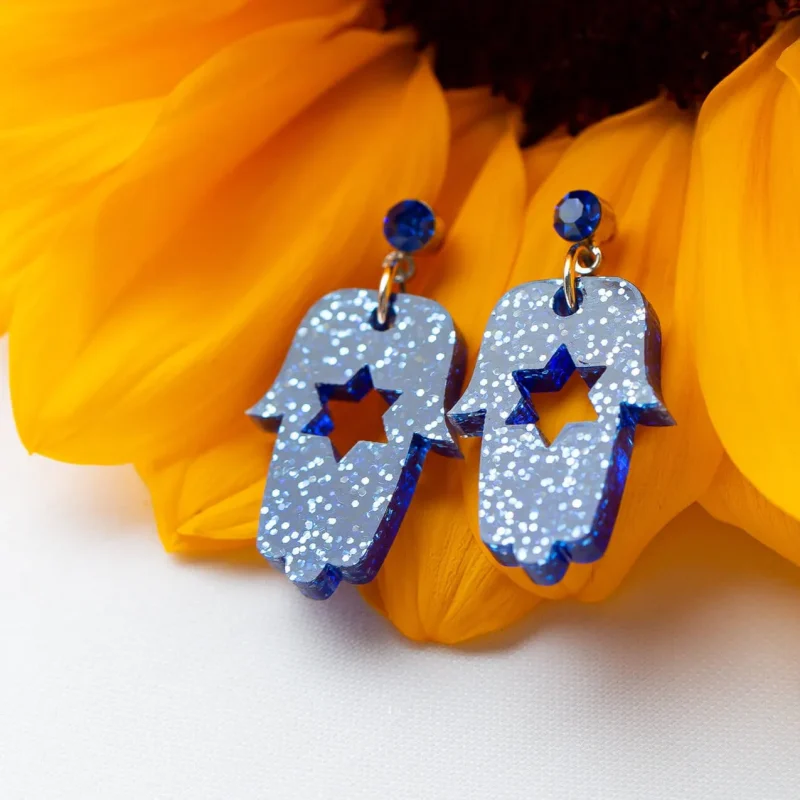 blue ice hamsa dangle earrings for bat mitzvah