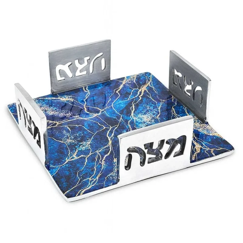 blue marbleized aluminum matzah plate