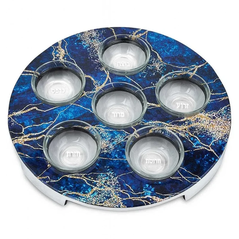 blue marbleized aluminum seder plate