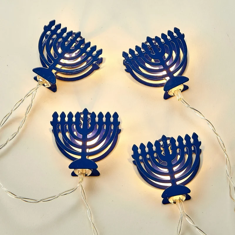 blue menorah string lights festive holiday decor