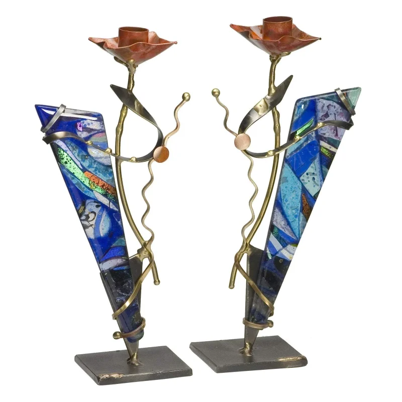 blue metal glass shabbat candlesticks by gary rosenthal