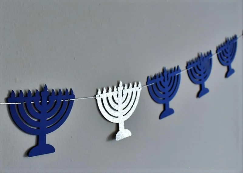 blue silver glitter menorah garland