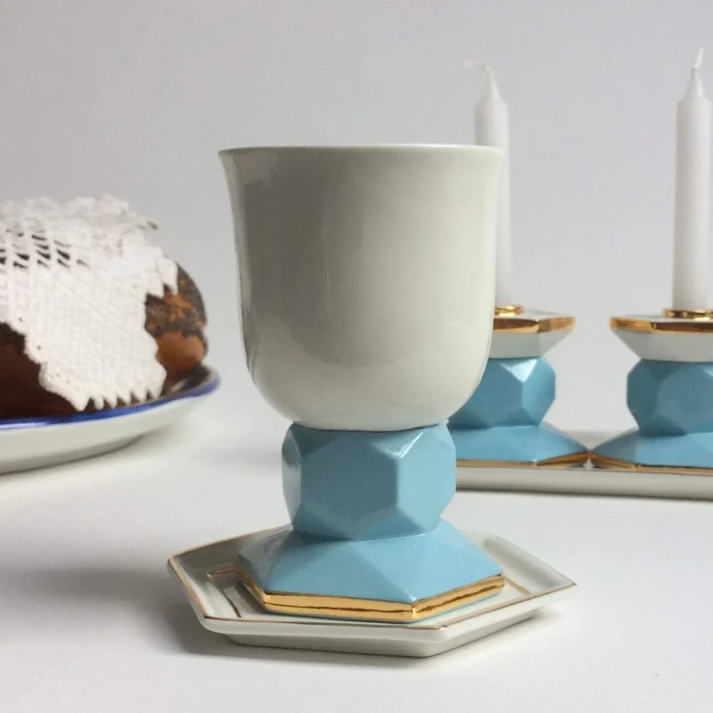 blue white gold geometric porcelain kiddush cup