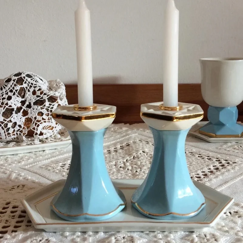 blue white gold porcelain star of david candlesticks tray