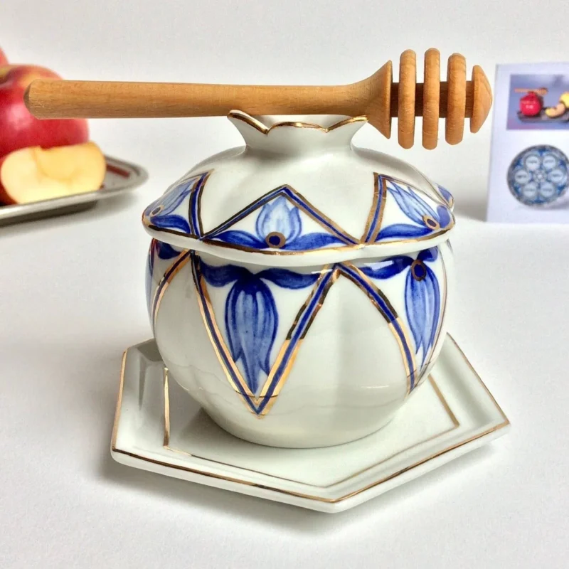 blue white porcelain honey jar set with dipper coaster