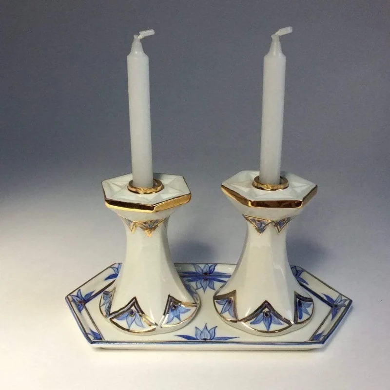 blue white porcelain shabbat candlesticks