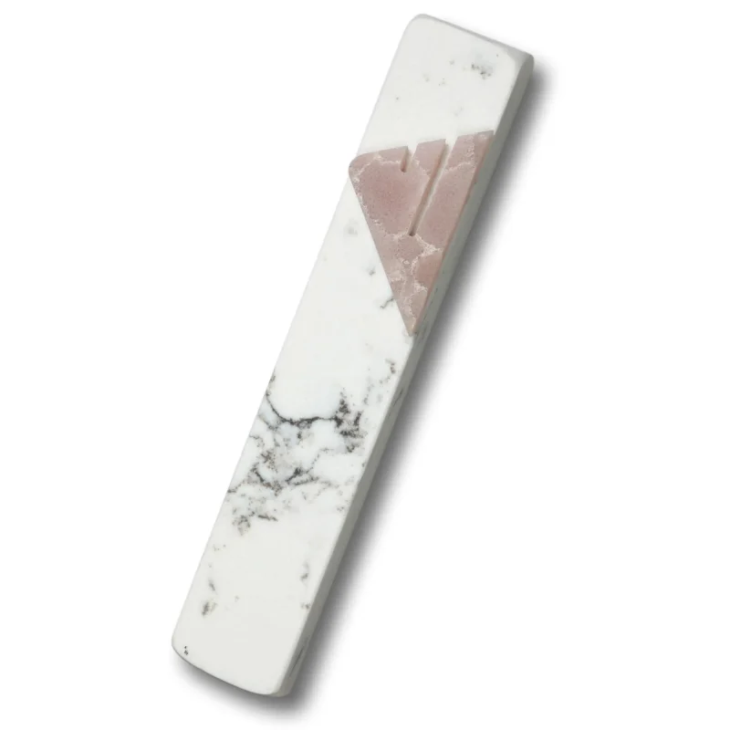 carrara marble mezuzah with pink quartz shin elegant judaica decor