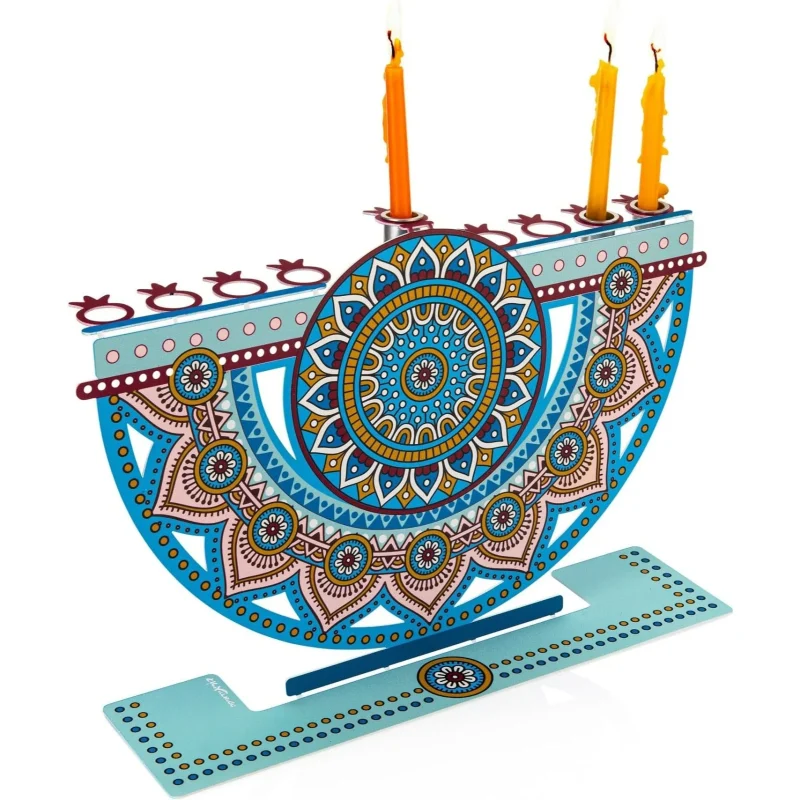 colorful metal menorah for oil or wax candles