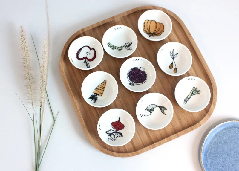 colorful modern rosh hashanah seder plate