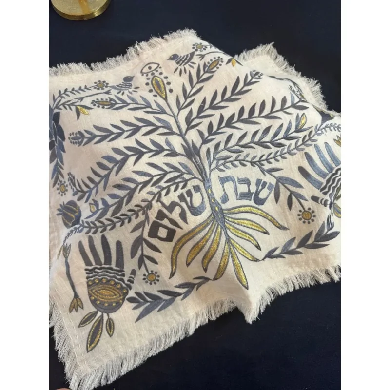 dark blue linen tree of life challah cover handmade