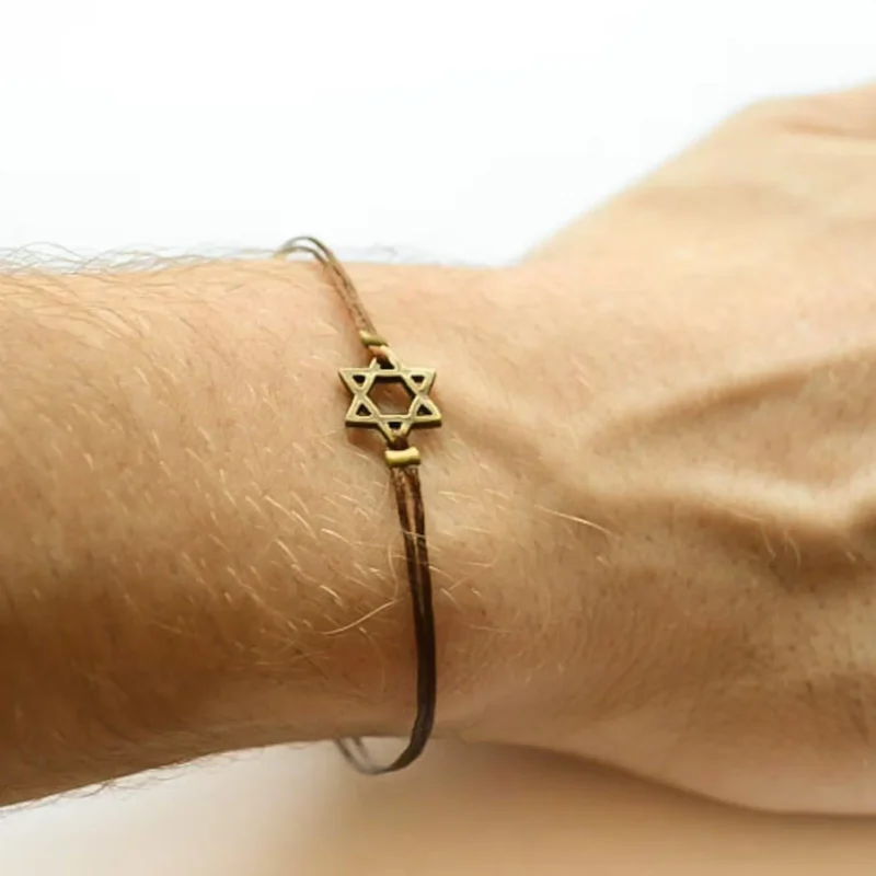 dark brown cord brass star of david bracelet 7 or 8 inch