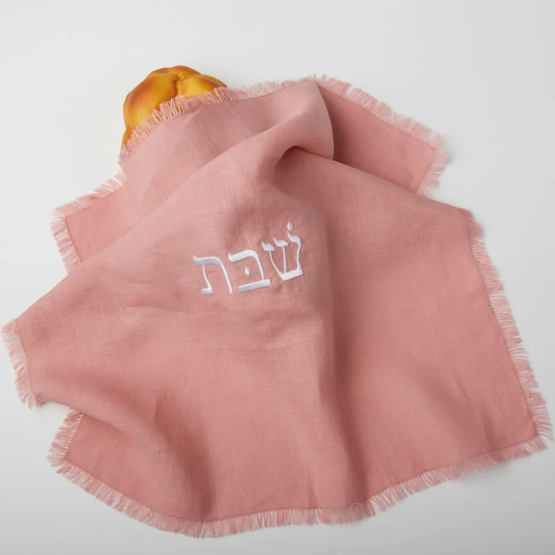 dusty rose embroidered linen challah cover