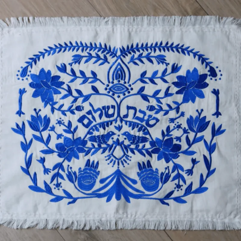 elegant blue linen challah cover handmade