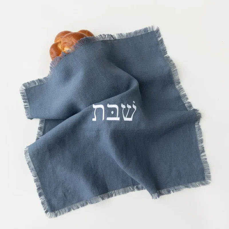 embroidered blue linen challah cover