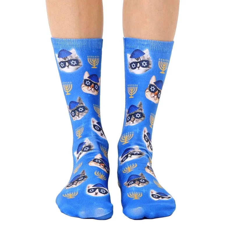 festive hanukkah cat crew socks