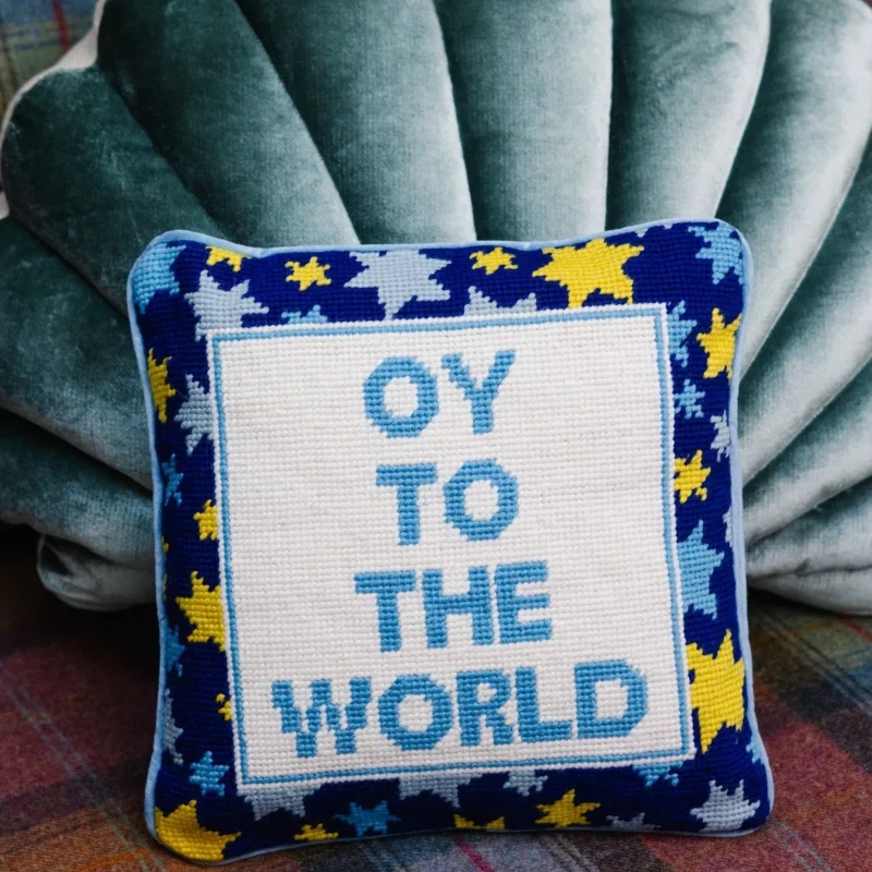 festive needlepoint oy to the world pillow