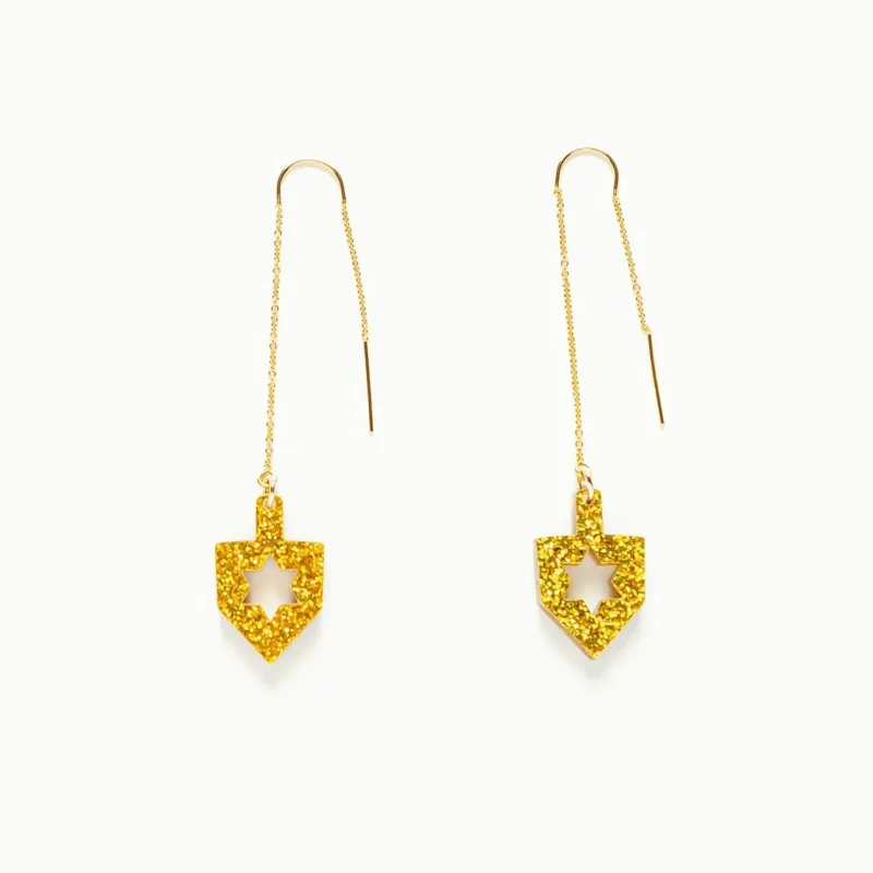 gold glitter dreidel threader earrings