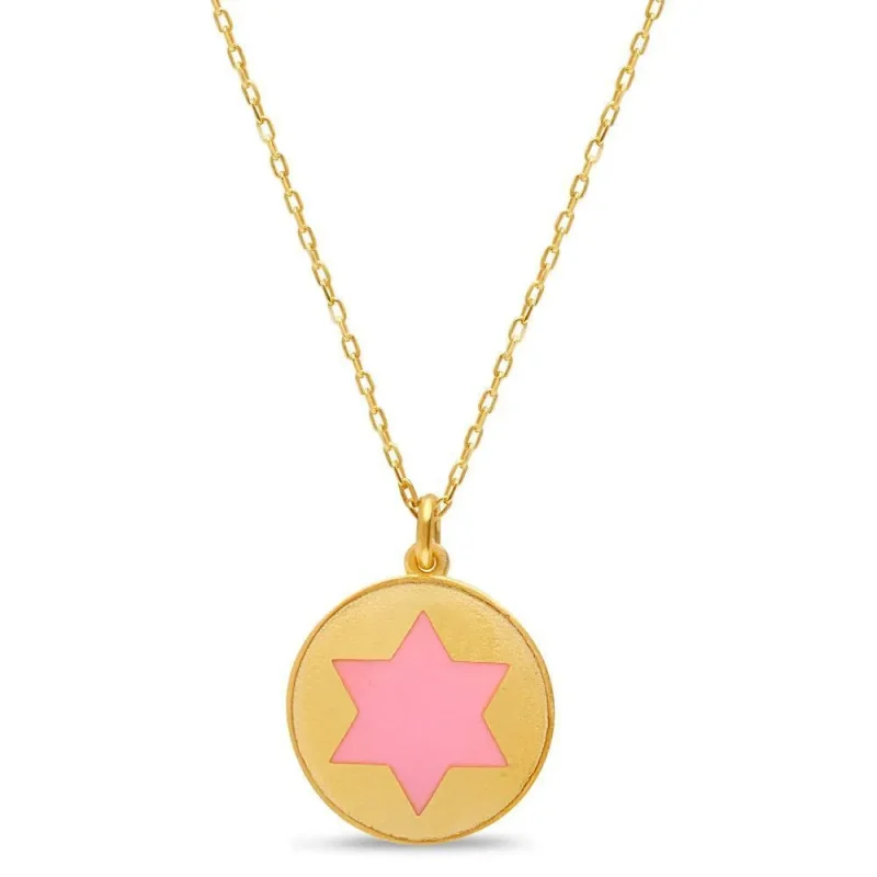 gold pink star of david necklace