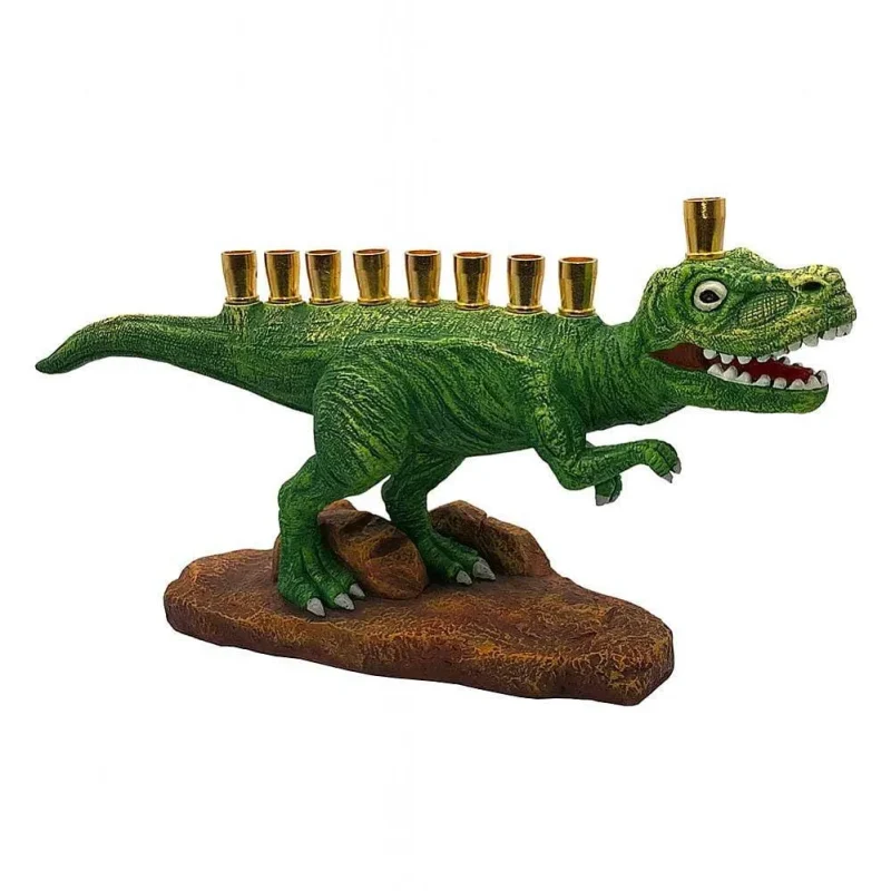 green t rex dinosaur menorah for kids