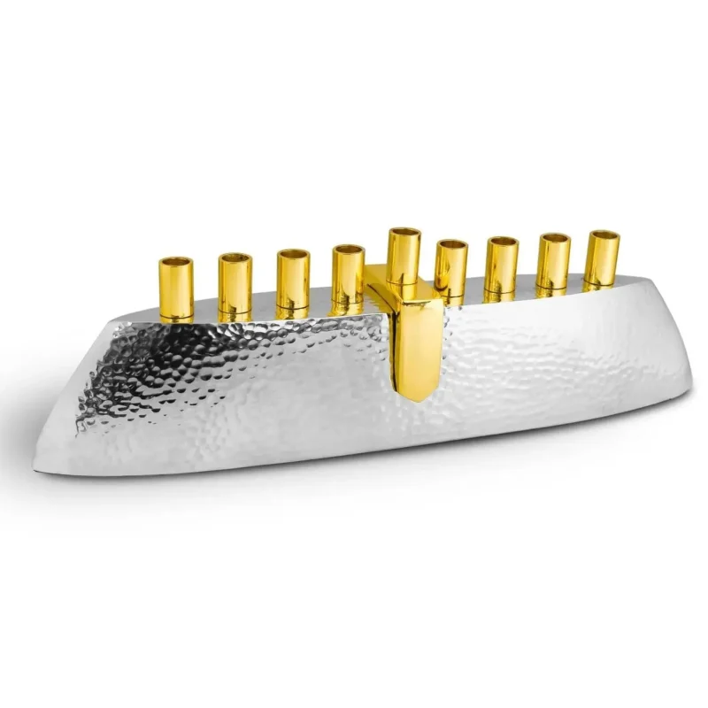 hammered metal boat menorah for hanukkah