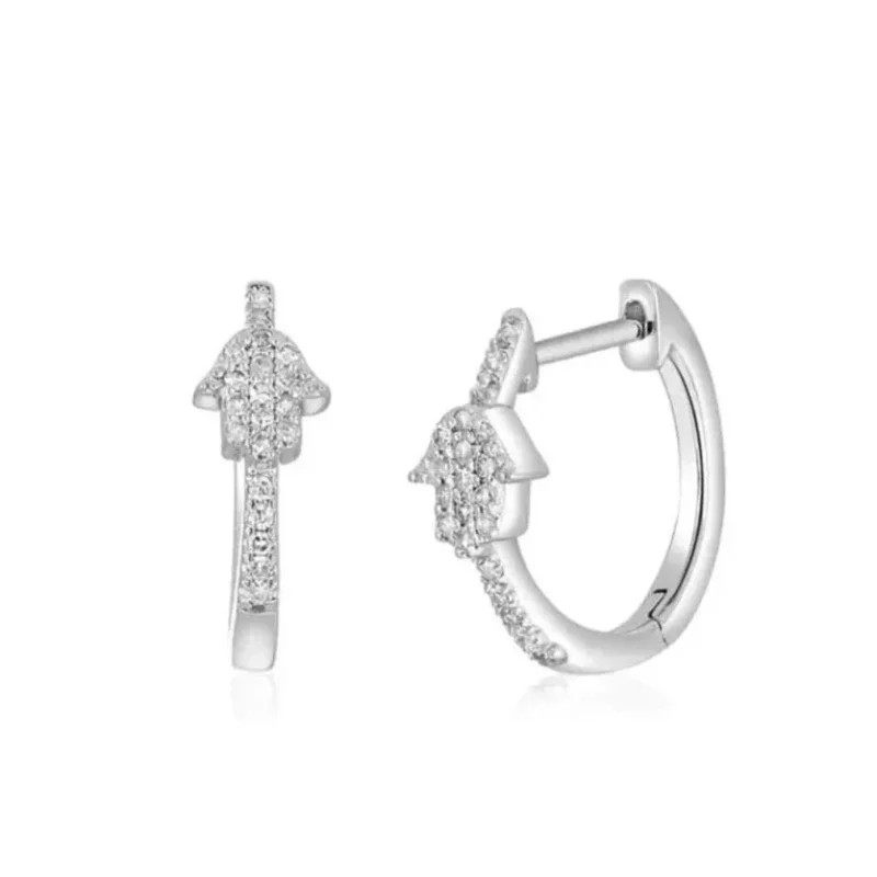 hamsa diamond huggie earrings yellow or white gold