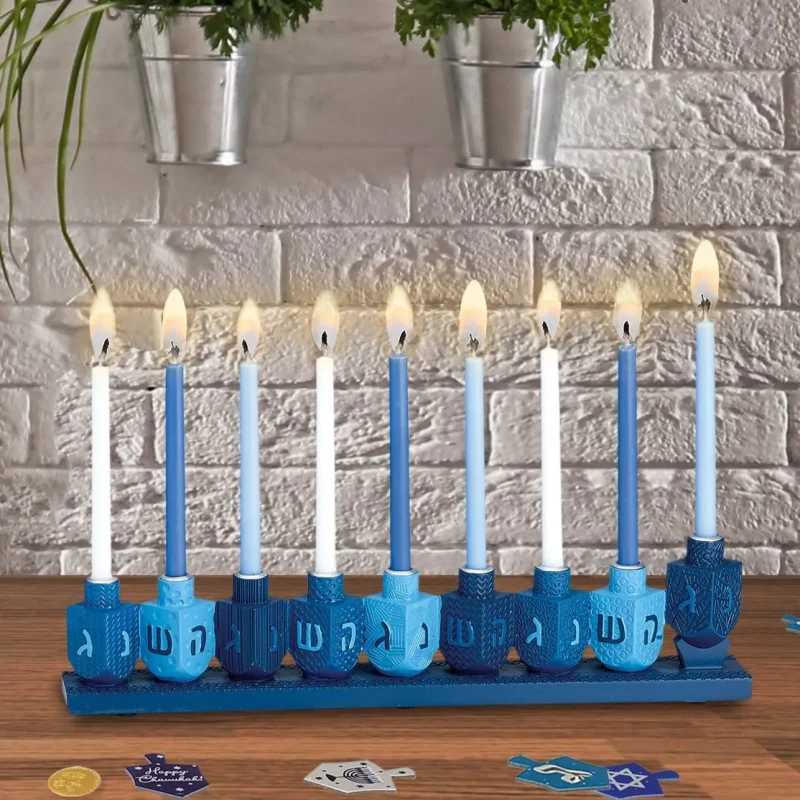 hand painted blue dreidel menorah