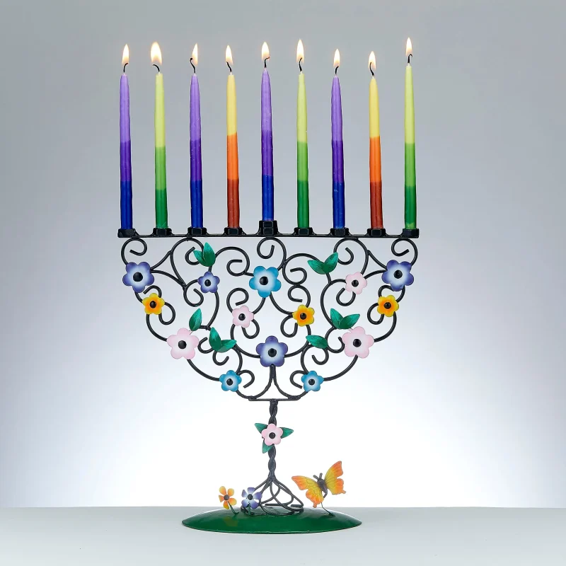 handcrafted metal menorah with flowering tree design