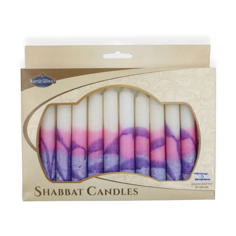 handcrafted white pink purple shabbat candles set of 12