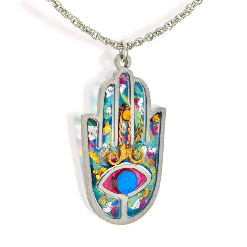 handpainted blue hamsa necklace