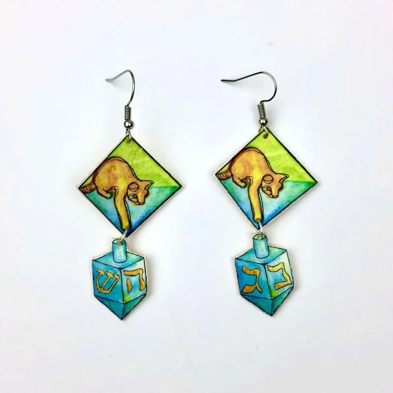 hanukkah cat dreidel earrings