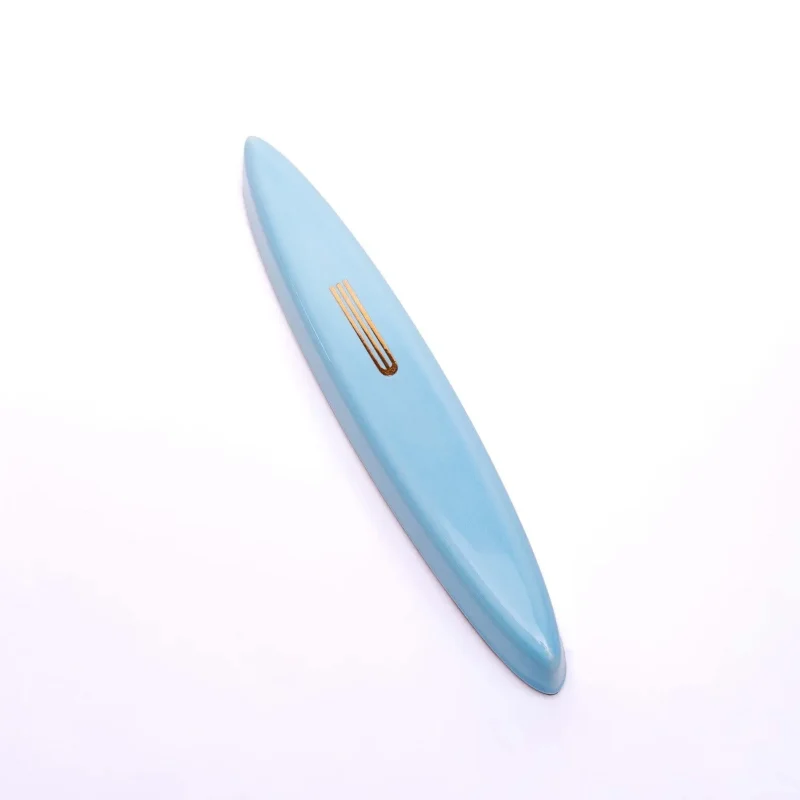 light blue ceramic mezuzah with gold shin by mickala design