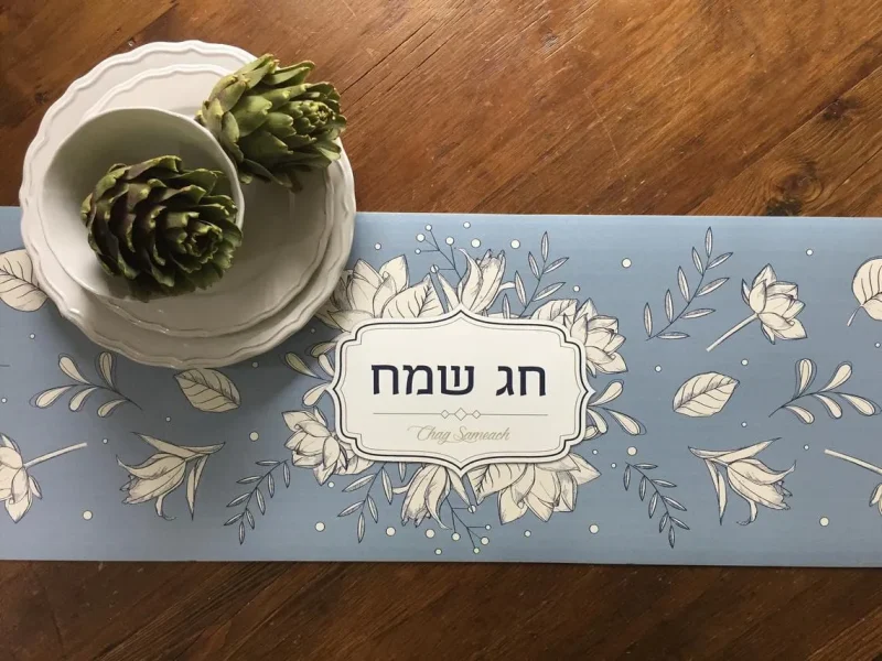 light blue chag sameach vinyl table runner festive decor