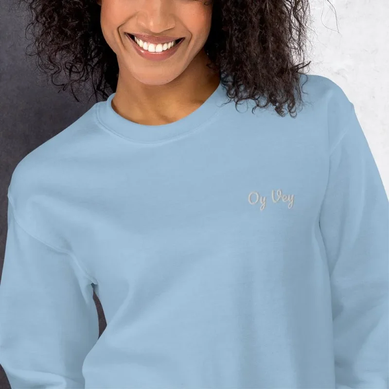 light blue embroidered oy vey unisex sweatshirt size small